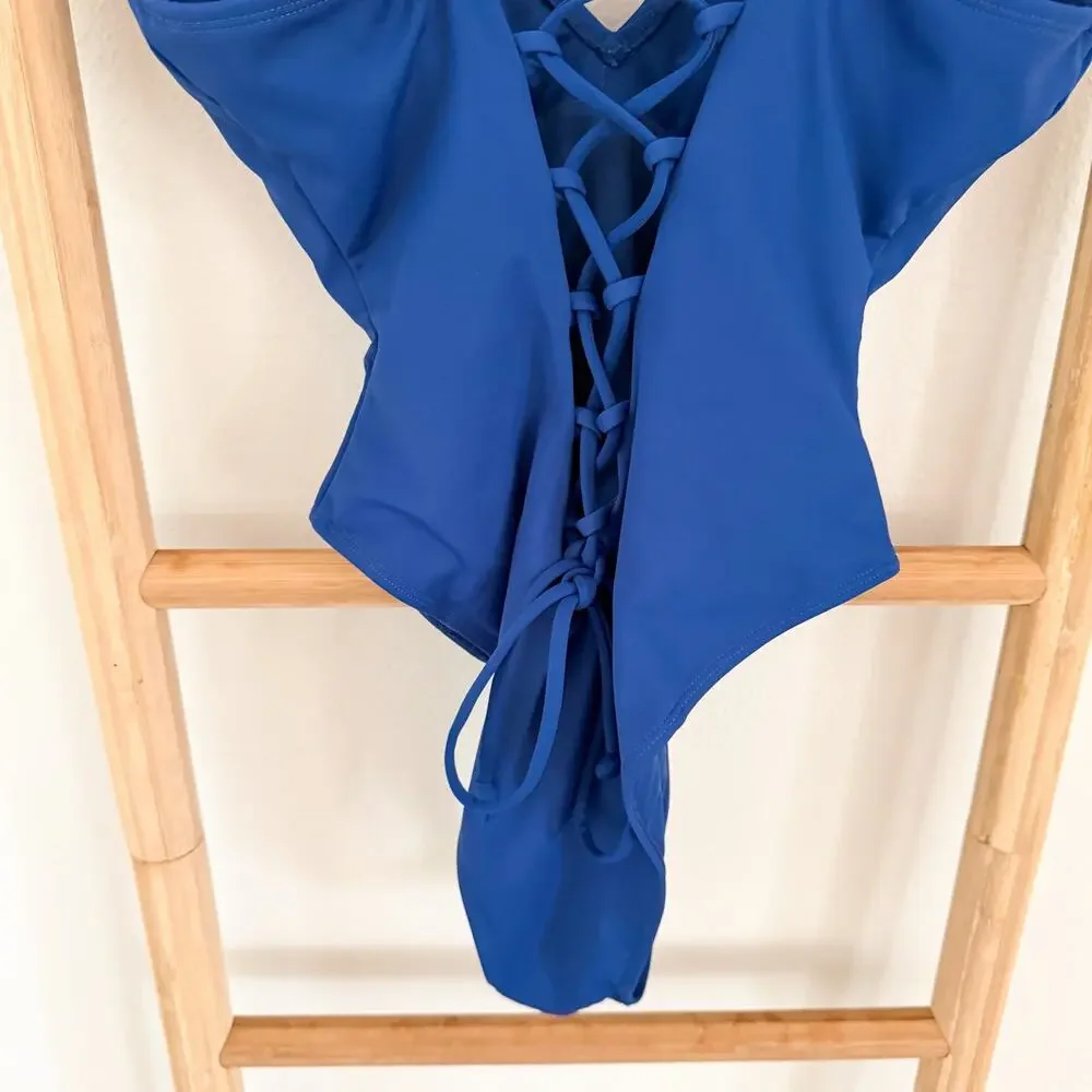 NWOT TA3 Plungey One Piece Swimsuit Sapphire Blue Lace Up Back Shapewear Medium